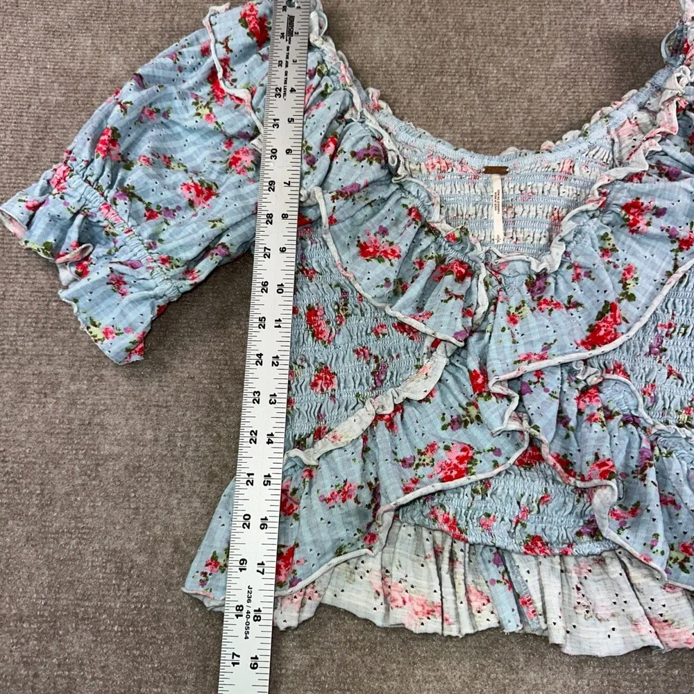 Free People Floral Smocked Ruffle Blouse Blue Gingham Puff Sleeve Top Small